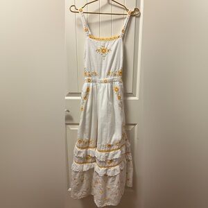 LoveShackFancy White Midi Dress with Yellow Floral Embroidery